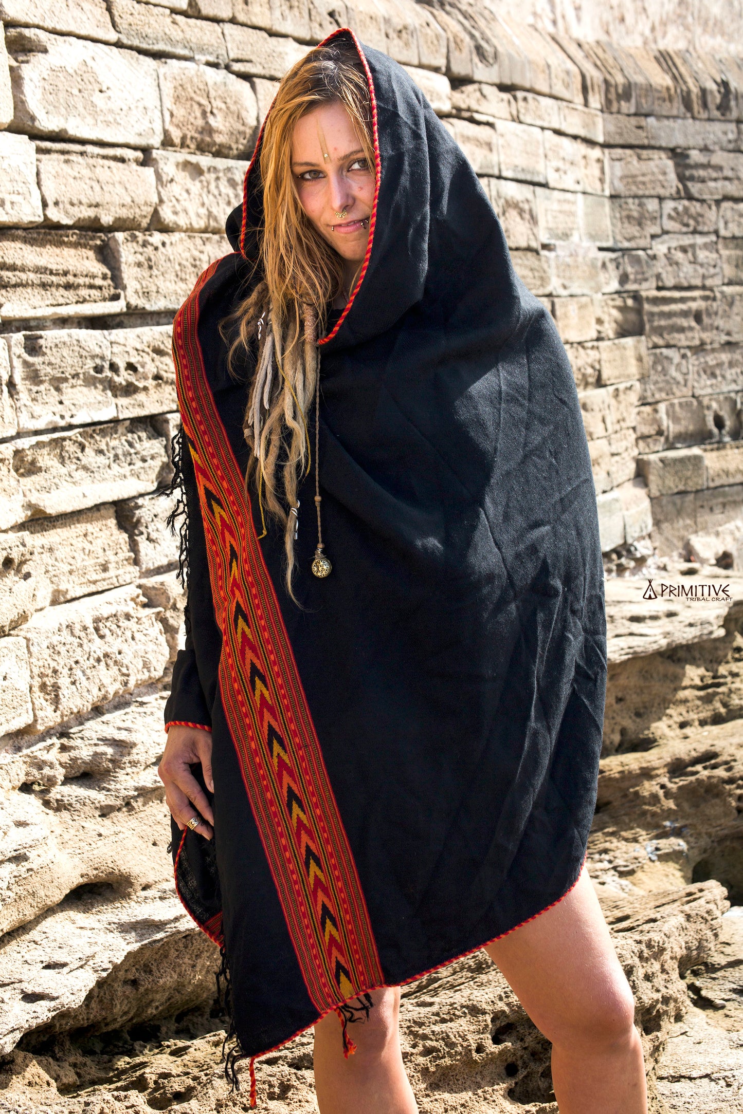 Black Wool Shawl with Tribal Pattern ~