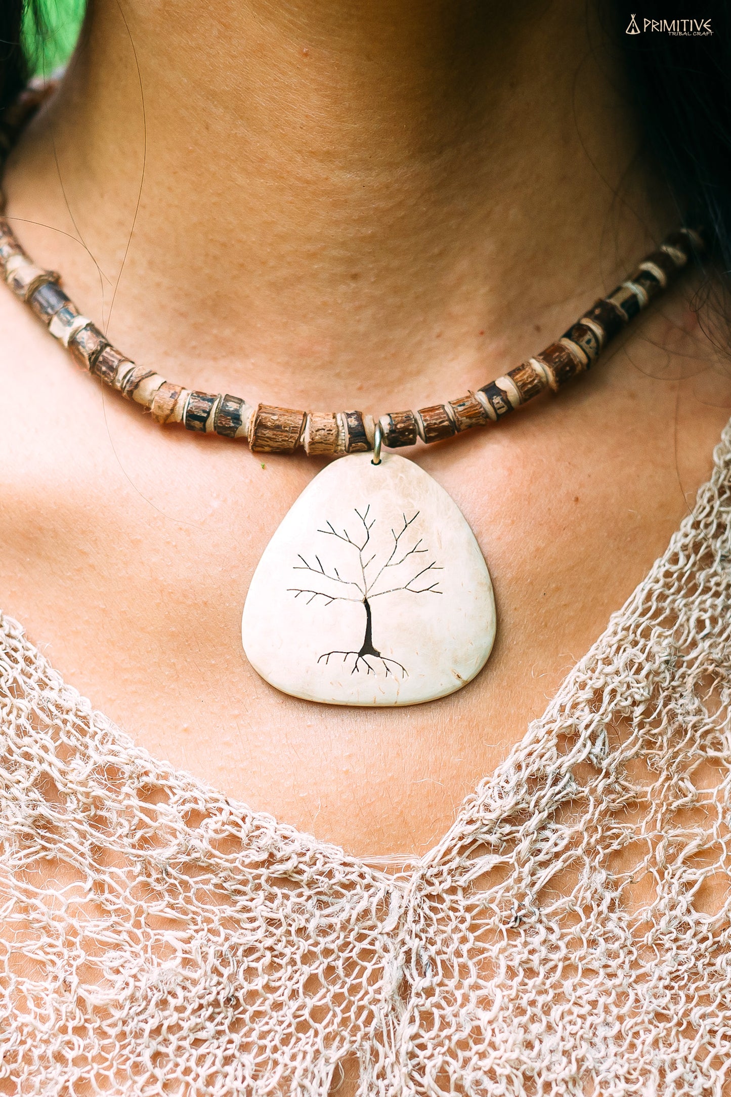 Hand Carved Tree Pendant ⫸ Coconut Shell on Tulsi Beads Necklace