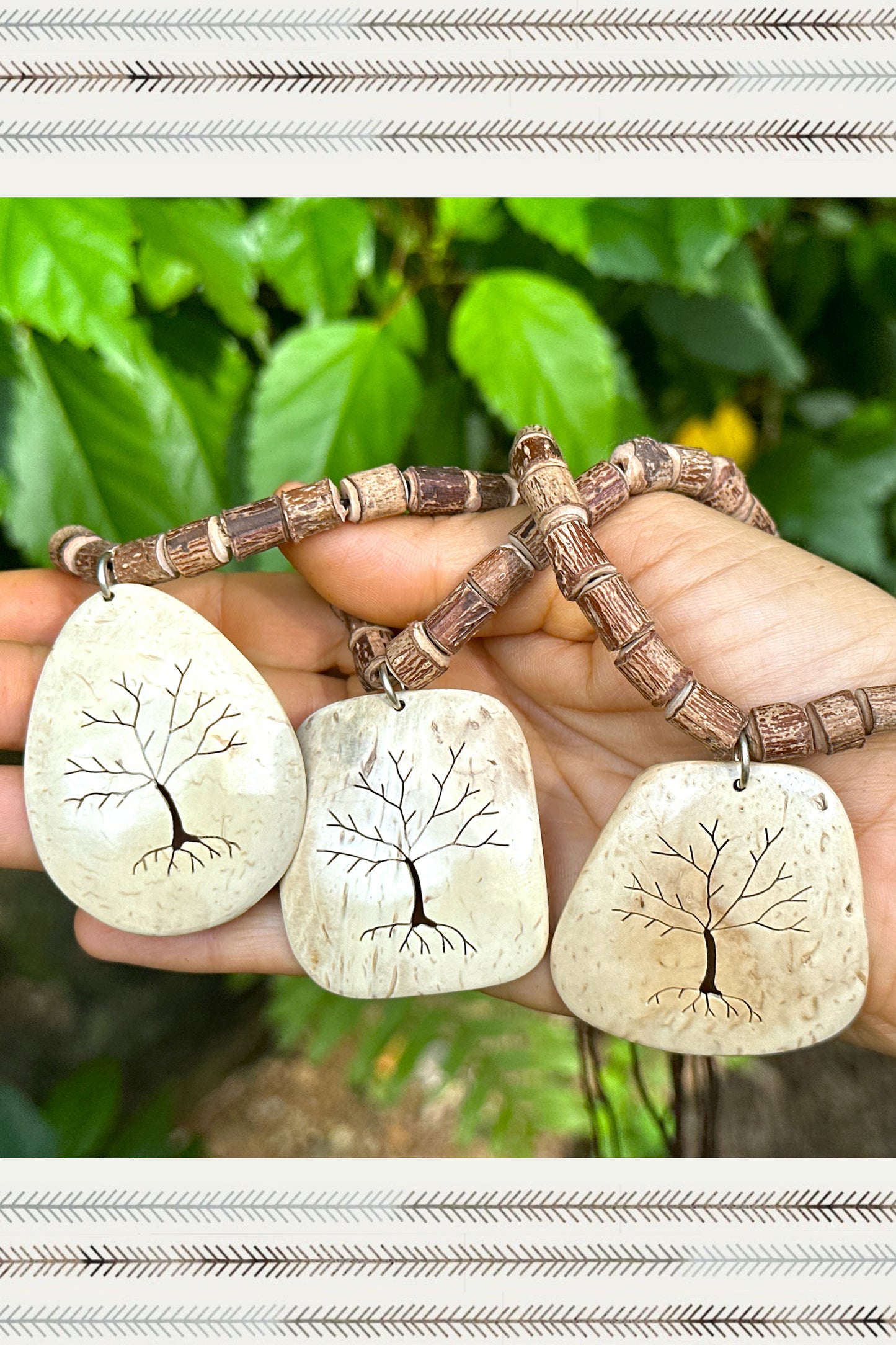 Hand Carved Tree Pendant ⫸ Coconut Shell on Tulsi Beads Necklace