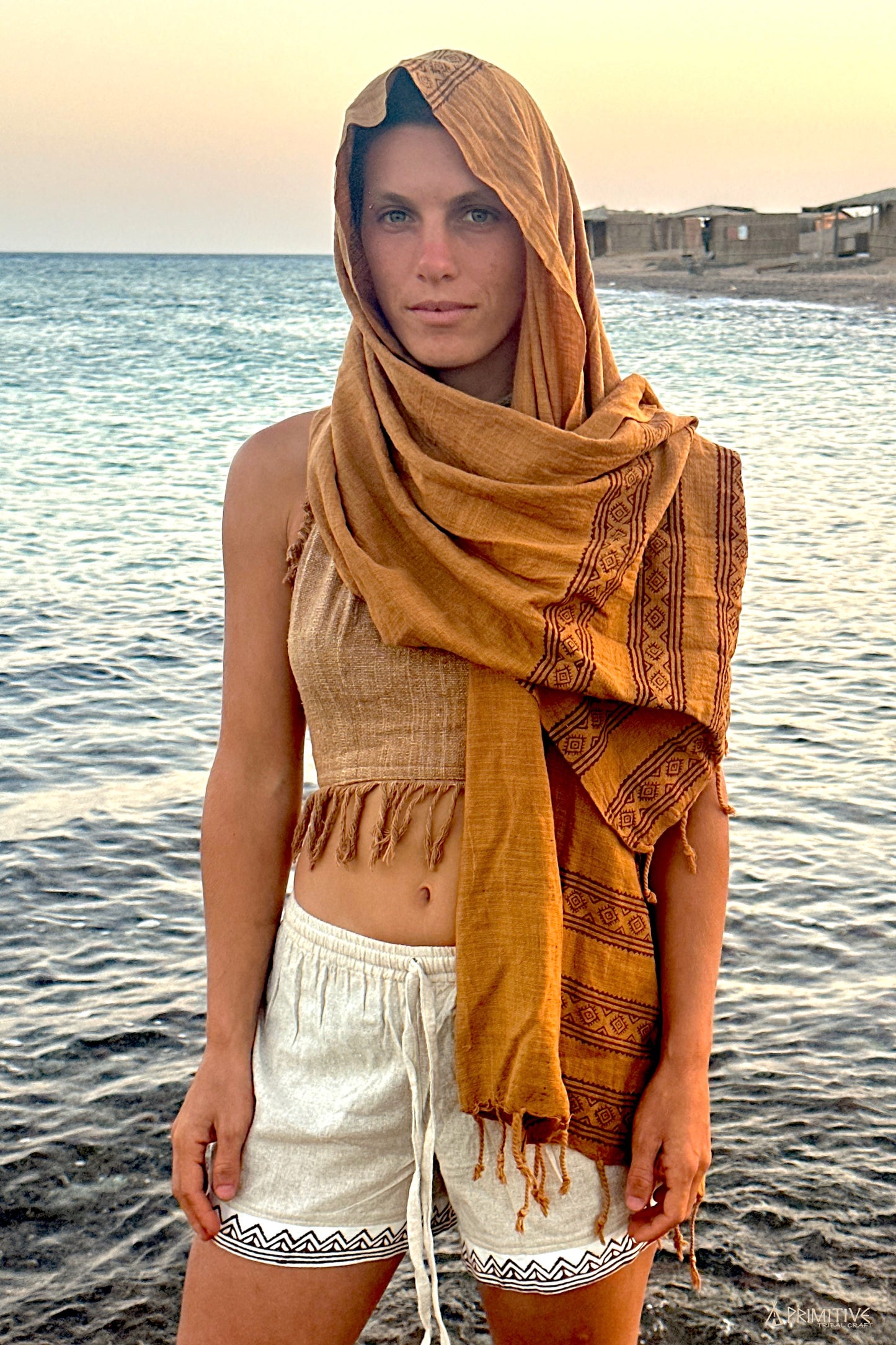 Brown Woven Cotton Scarf With Tribal Blockprint