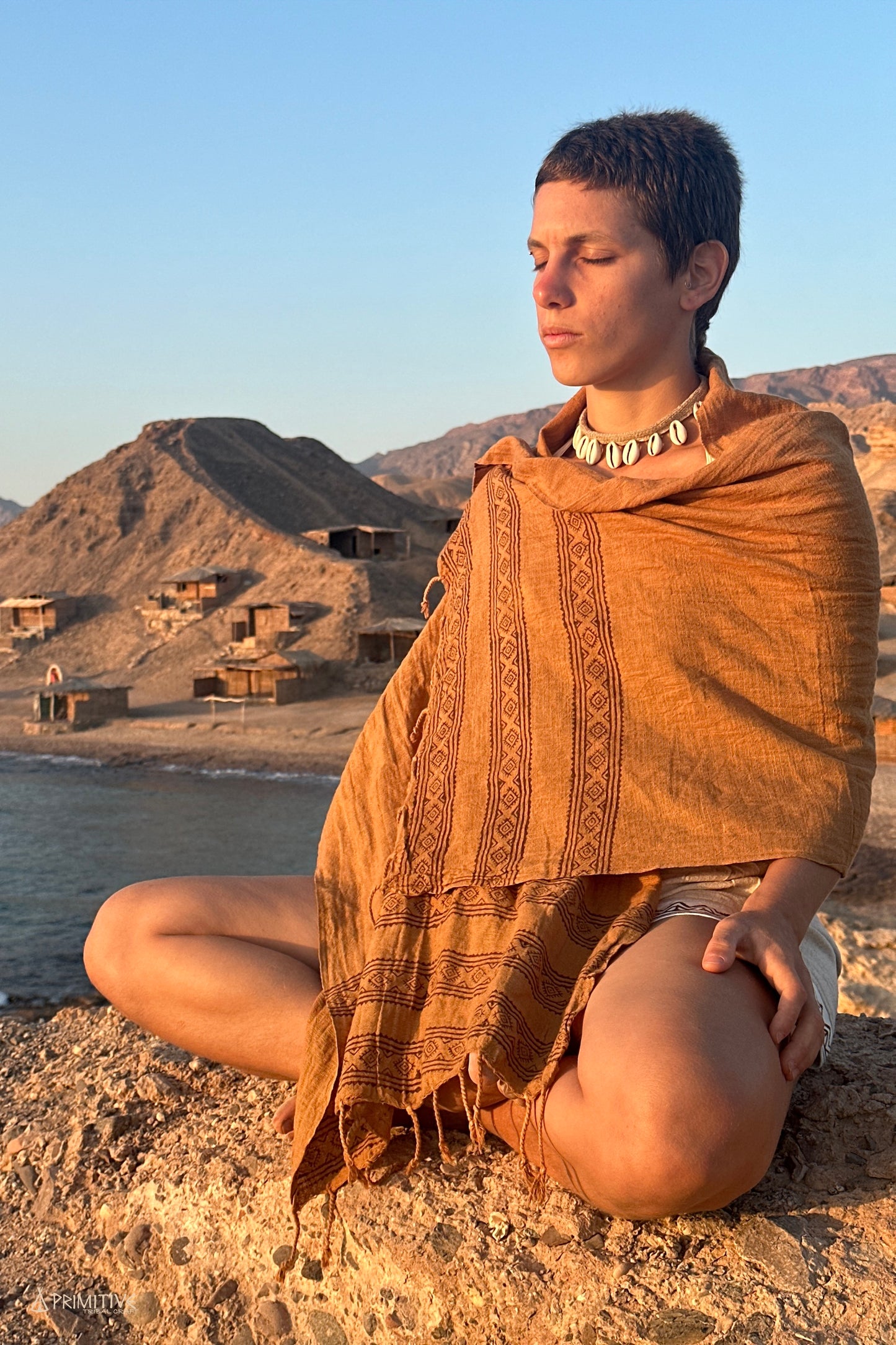 Brown Woven Cotton Scarf With Tribal Blockprint