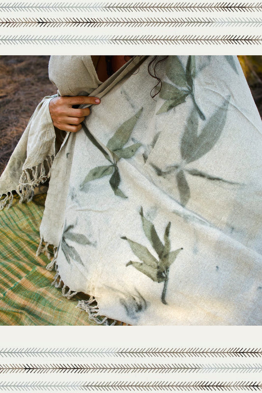 Ancient Path Wool Shawl with Botanical Print