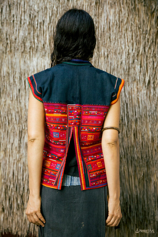 SALE ~ Akha Hill Tribe Vintage Vest ~ Handwoven Indigo Hemp ~ Detailed Cross Stitched Embroidery