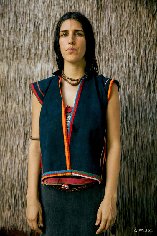 SALE ~ Akha Hill Tribe Vintage Vest ~ Handwoven Indigo Hemp ~ Detailed Cross Stitched Embroidery