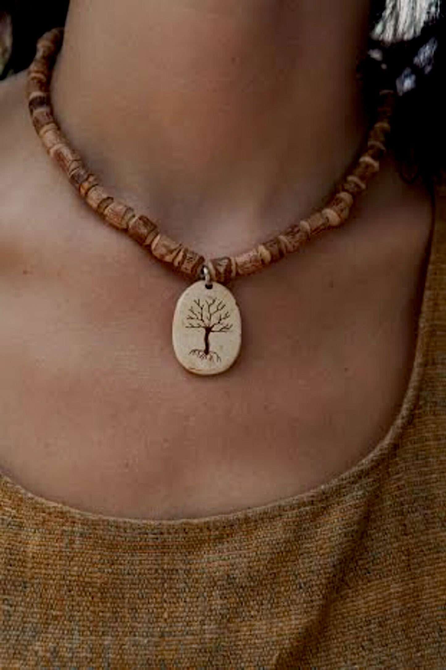 Hand Carved Tree Pendant ⫸ Coconut Shell on Tulsi Beads Necklace