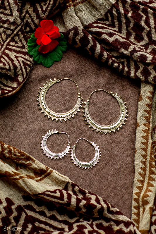 Hand Carved Tribal Round Brass Earrings