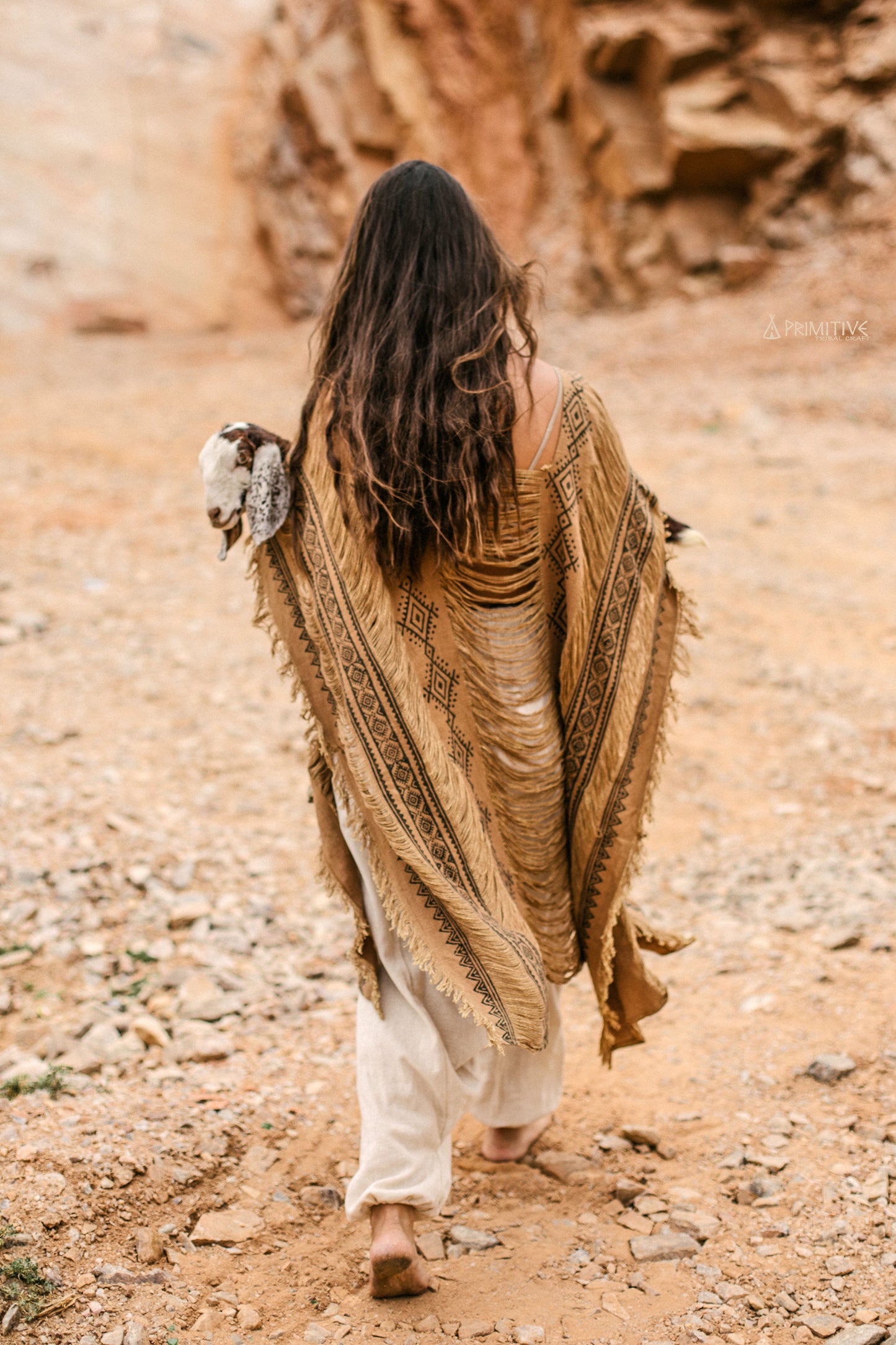 Brown Frayed Long ⋗ Tribal Block Print ⋖ Poncho