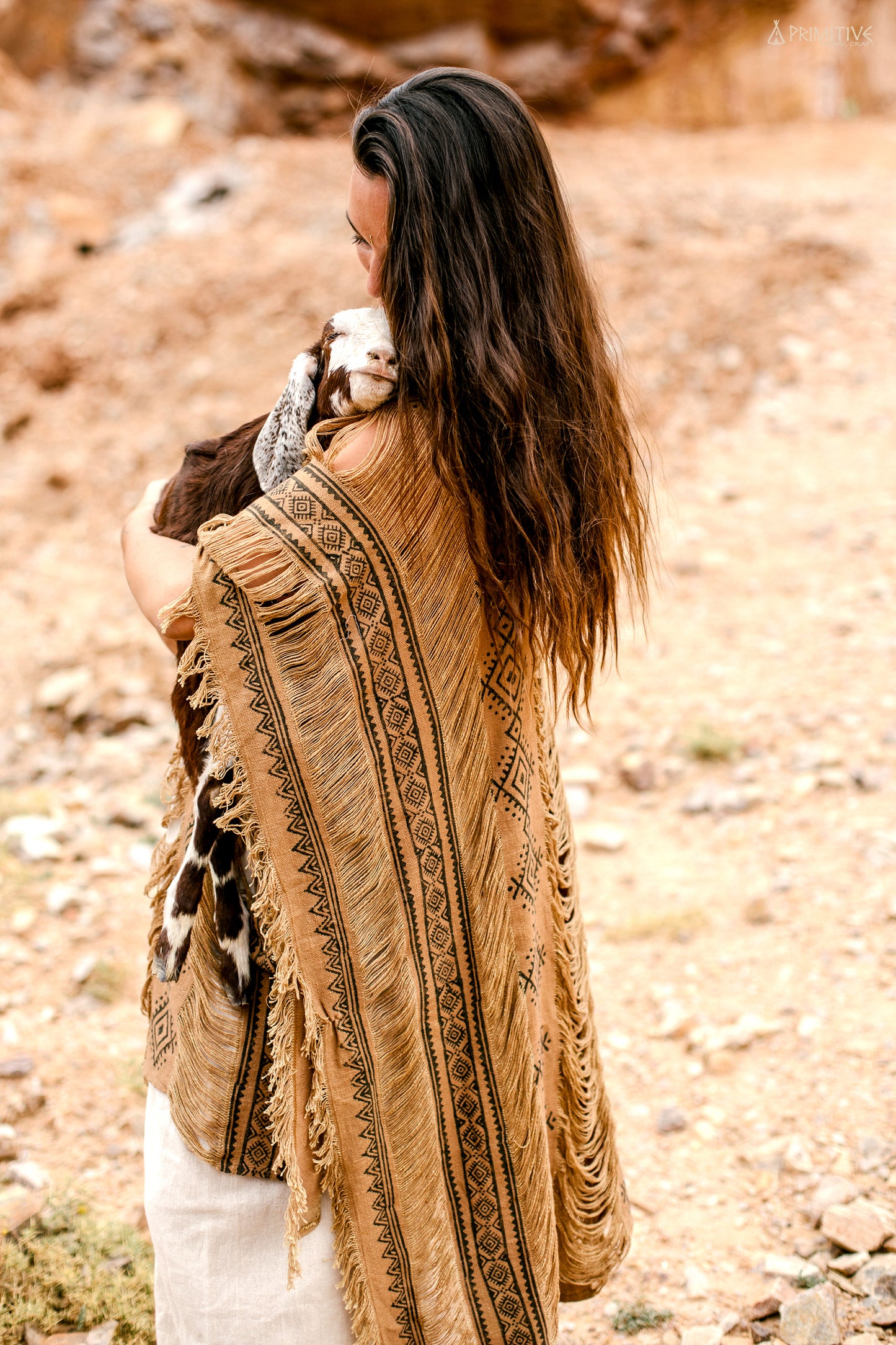 Brown Frayed Long ⋗ Tribal Block Print ⋖ Poncho