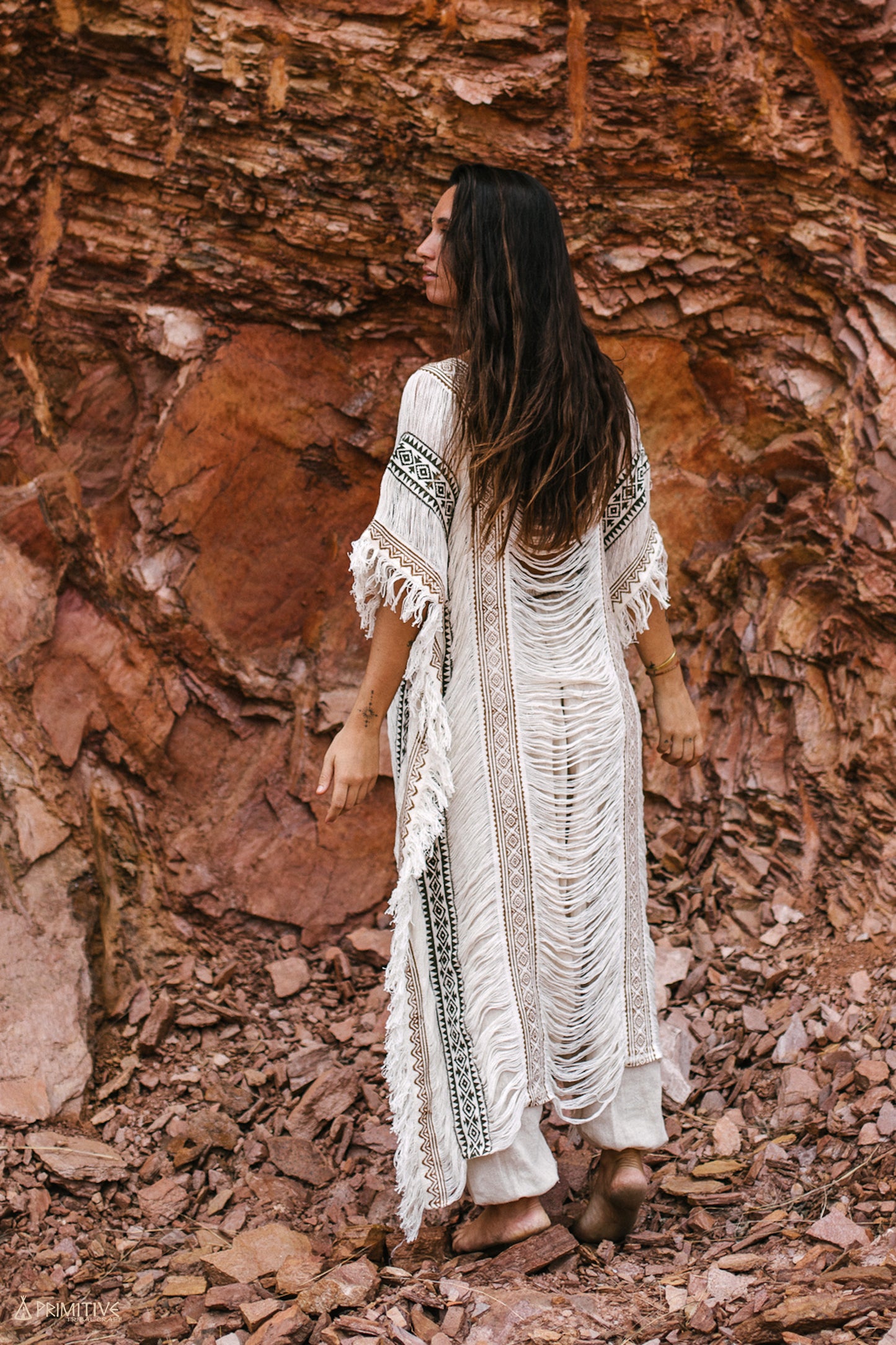 Cream Frayed Long ⋗ Tribal Block Print ⋖ Poncho