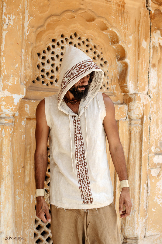 Hemuna Sleeveless Shirt with Hoodie ⋗ Traditional Block Print ⋖ Handwoven Raw Silk