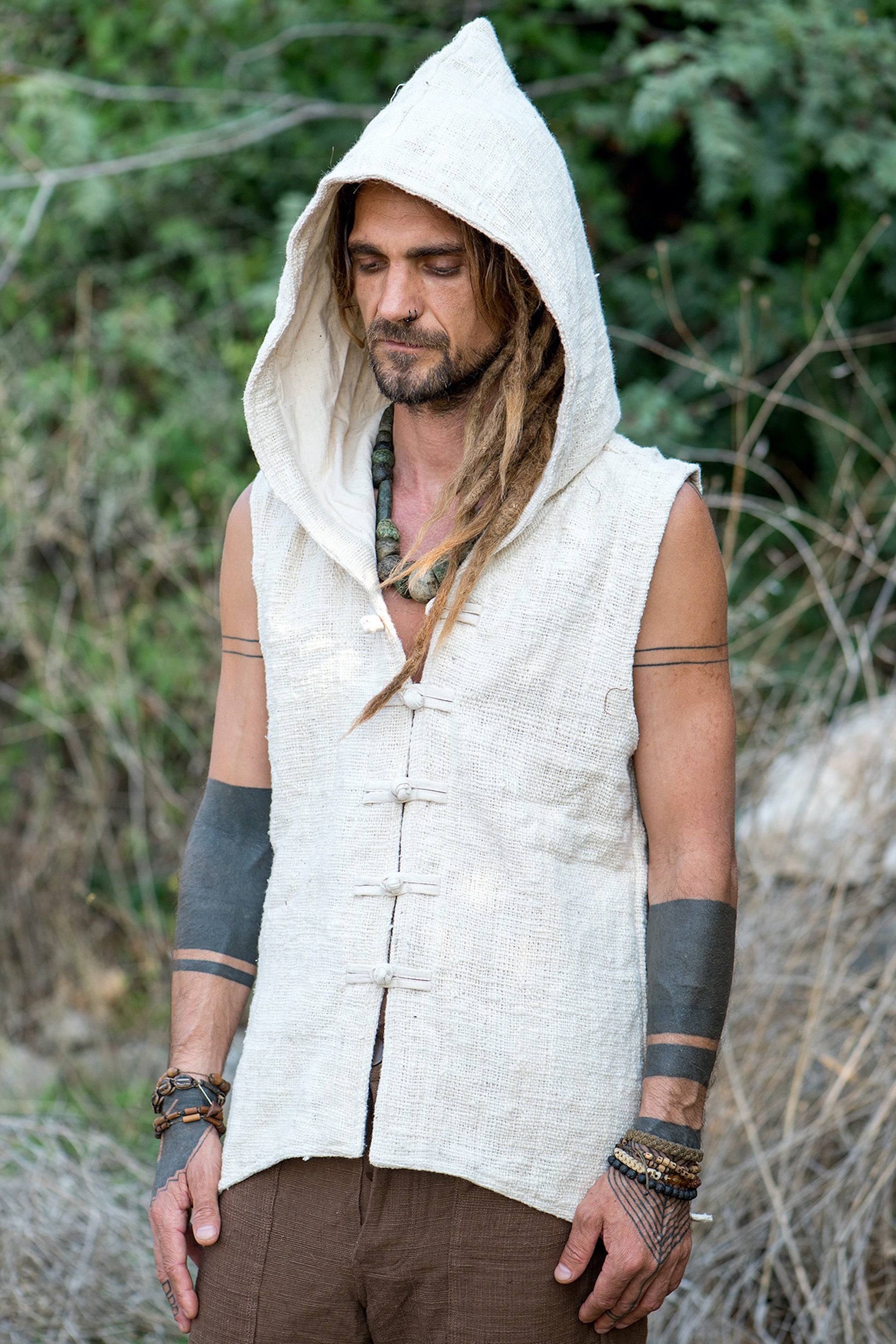 Tibetan Vest with Hoodie ⋗⋙ Natural Khadi Cotton