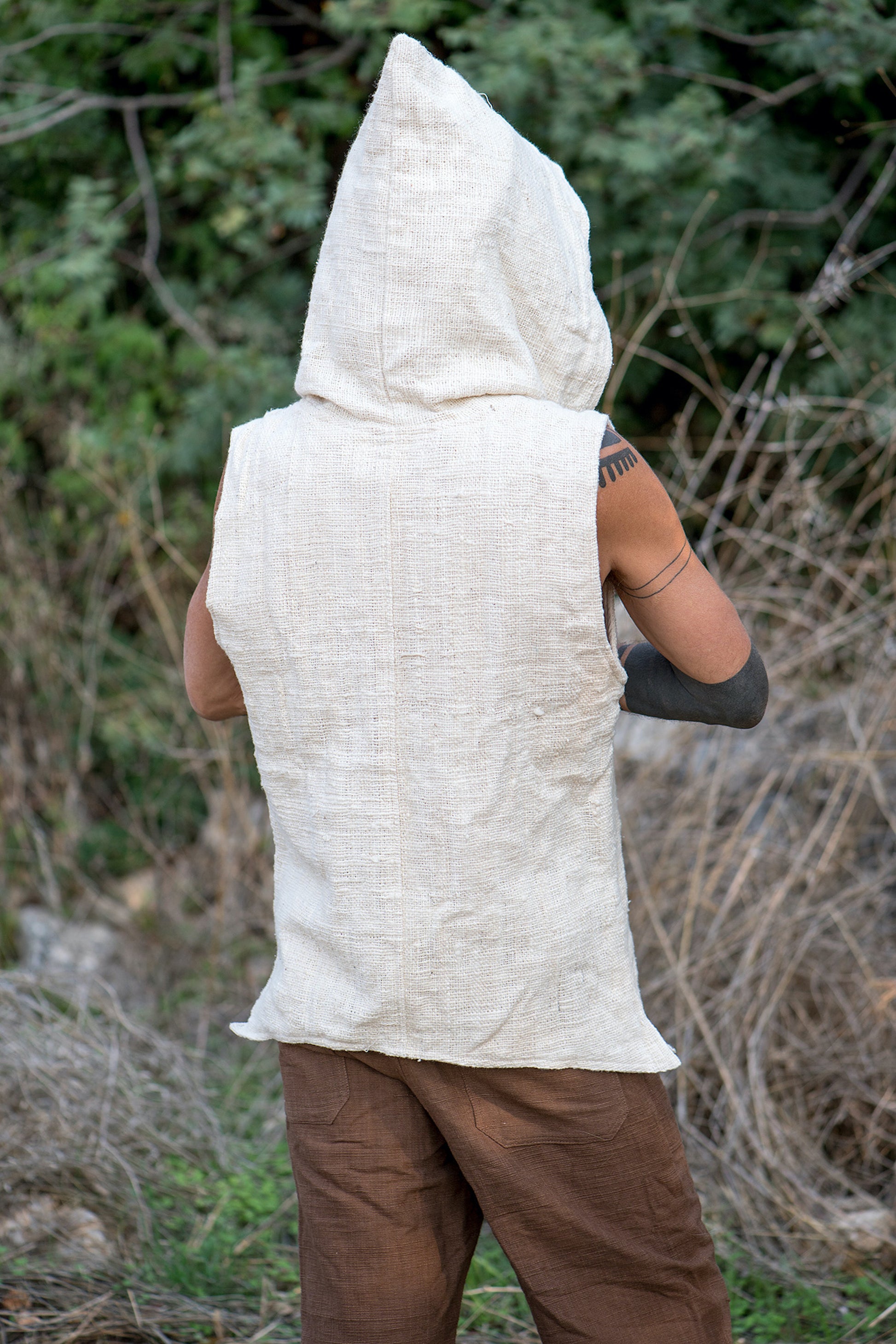 Tibetan Vest with Hoodie ⋗⋙ Natural Khadi Cotton