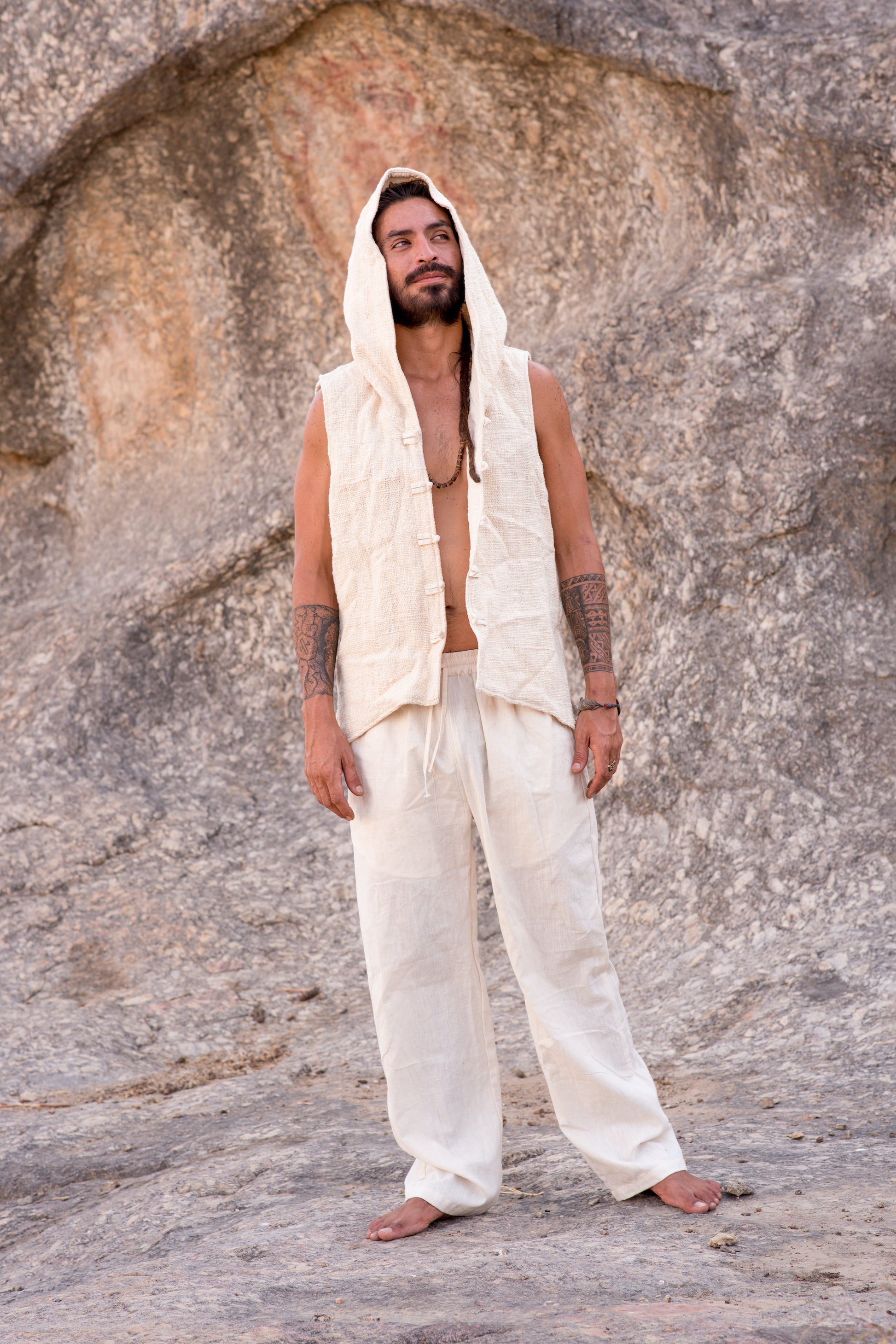 Tibetan Vest with Hoodie ⋗⋙ Natural Khadi Cotton