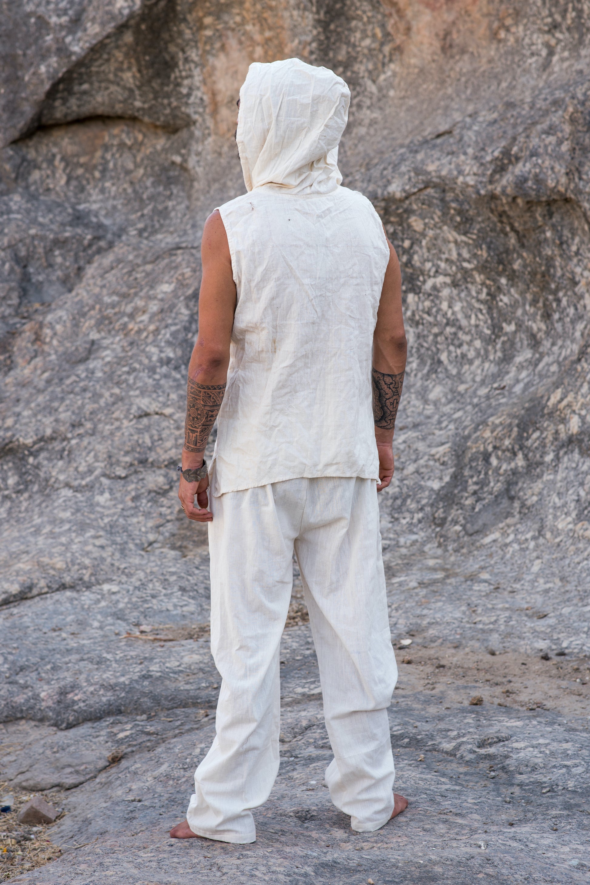 Tibetan Vest with Hoodie ⋗⋙ Natural Khadi Cotton