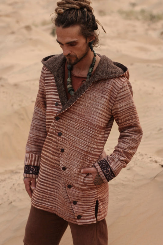 Men Jacket with Hoodie ~ Tribal Embroidery Pattern ~ made of Khadi Cotton & Wool