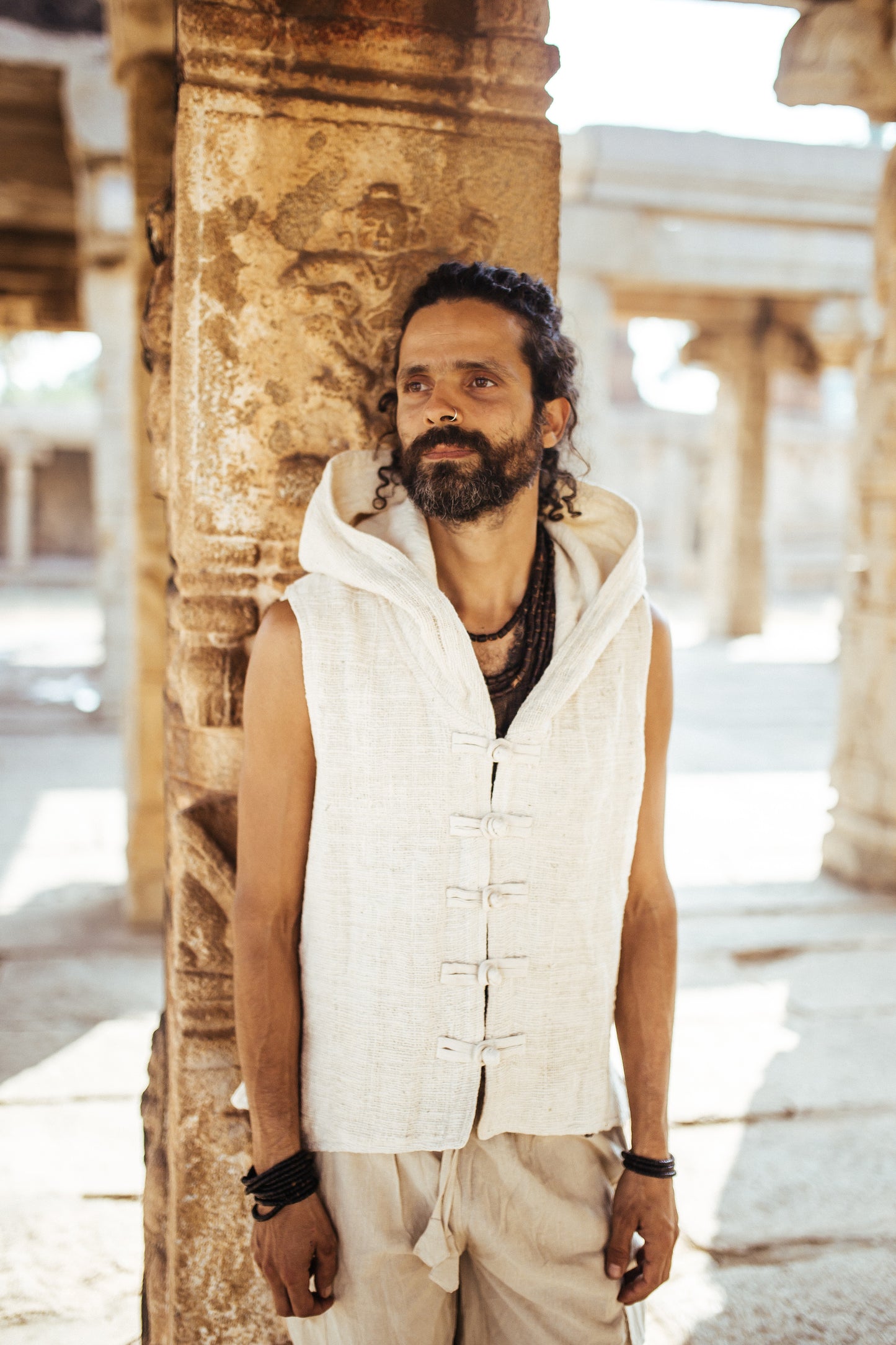 Tibetan Vest with Hoodie ⋗⋙ Natural Khadi Cotton