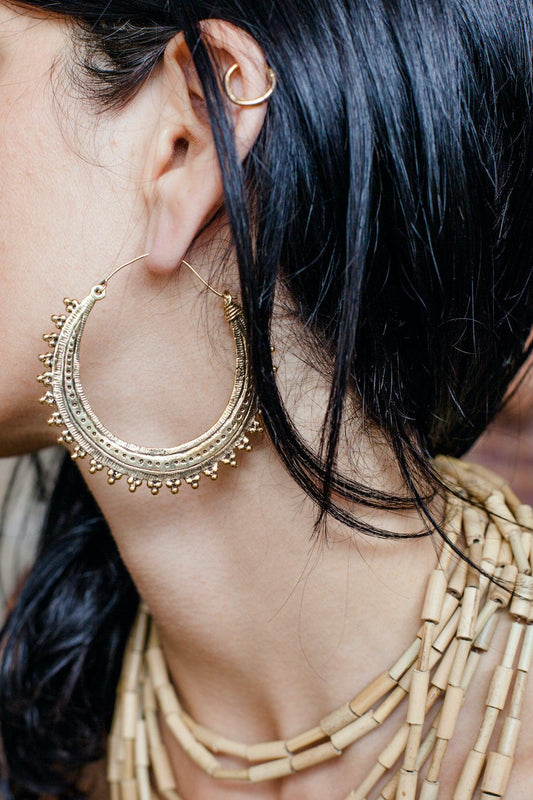 Handcarved Tribal Round Brass Earrings